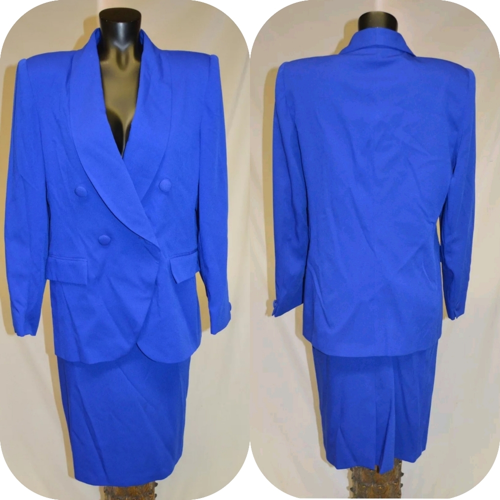Suitsme Vintage 80s Cobalt Blue Blazer & Skirt Suit Set sz 10
